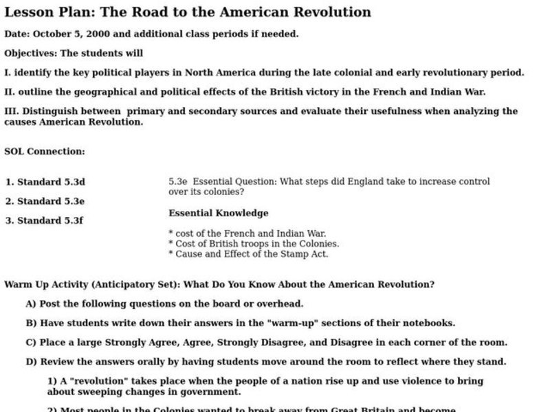The Road to the American Revolution Lesson Plan