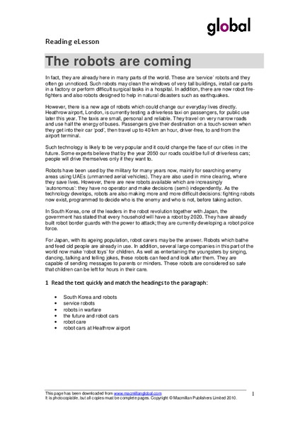 The Robots are Coming Worksheet