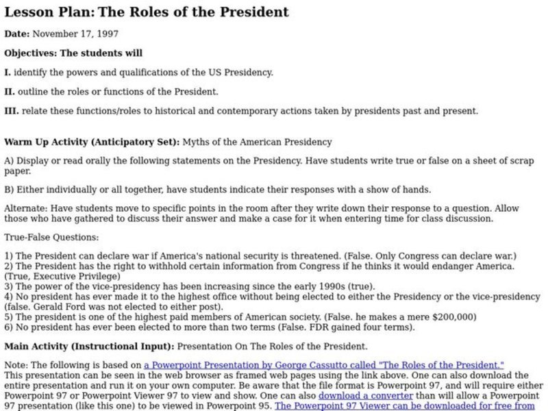The Roles of the President Lesson Plan