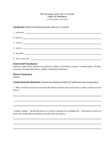 The Screwtape Letters by C.S. Lewis Worksheet