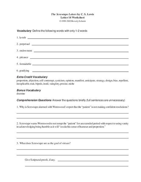 The Screwtape Letters by C.S. Lewis Worksheet