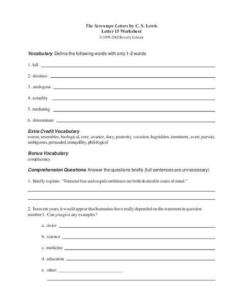 The Screwtape Letters by C.S. Lewis Worksheet