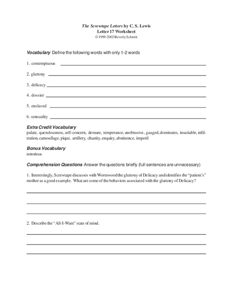 The Screwtape Letters by C.S. Lewis Worksheet