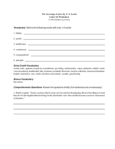 The Screwtape Letters by C.S. Lewis Worksheet