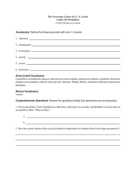 The Screwtape Letters by C.S. Lewis Worksheet