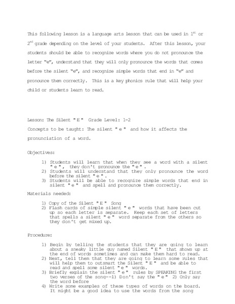 The Silent "E" Lesson Plan