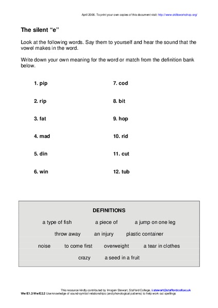 The Silent "e" Worksheet