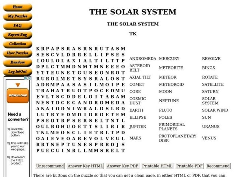 The Solar System Worksheet
