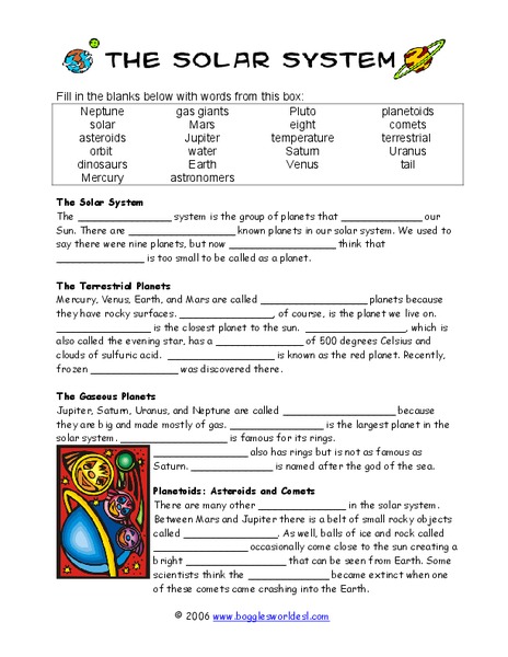 The Solar System Cloze Activity Worksheet
