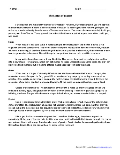 The States of Matter Worksheet