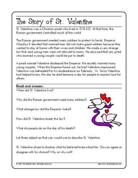 The Story of St. Valentine Worksheet