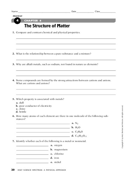 The Structure of Matter Worksheet