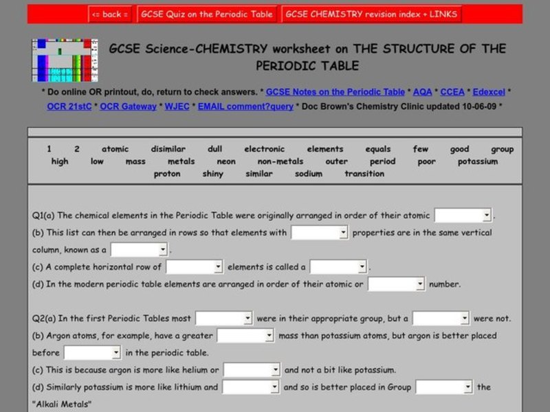 The Structure of the Periodic Table Worksheet