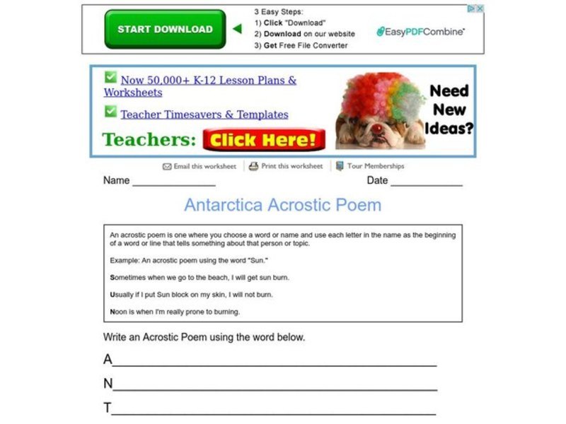 Antarctica Acrostic Poem Worksheet