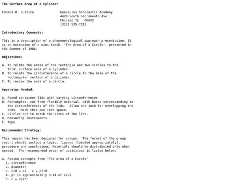 The Surface Area of a Cylinder Lesson Plan