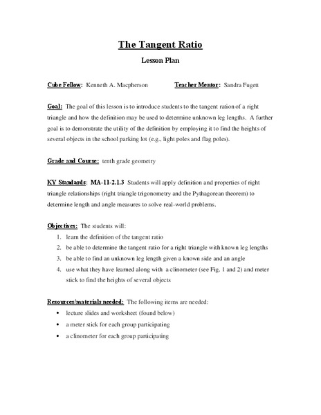 The Tangent Ratio Lesson Plan