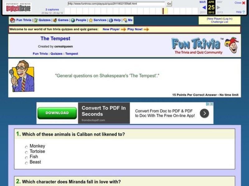 The Tempest Quiz Worksheet