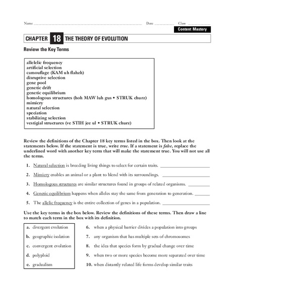 The Theory of Evolution Worksheet