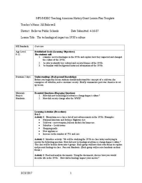 The Technological Impact on 1950's Culture Lesson Plan