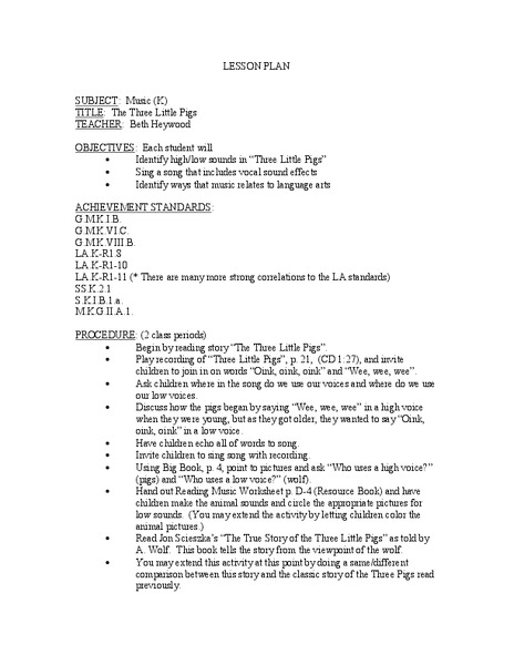 The Three Little Pigs Lesson Plan