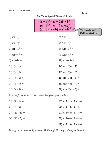 The Three Special Binomial Products Worksheet