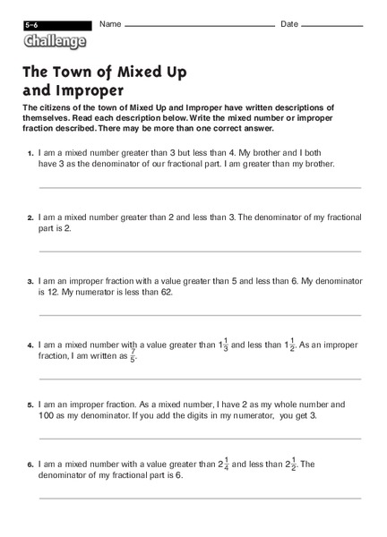 The Town of Mixed up and Improper Worksheet