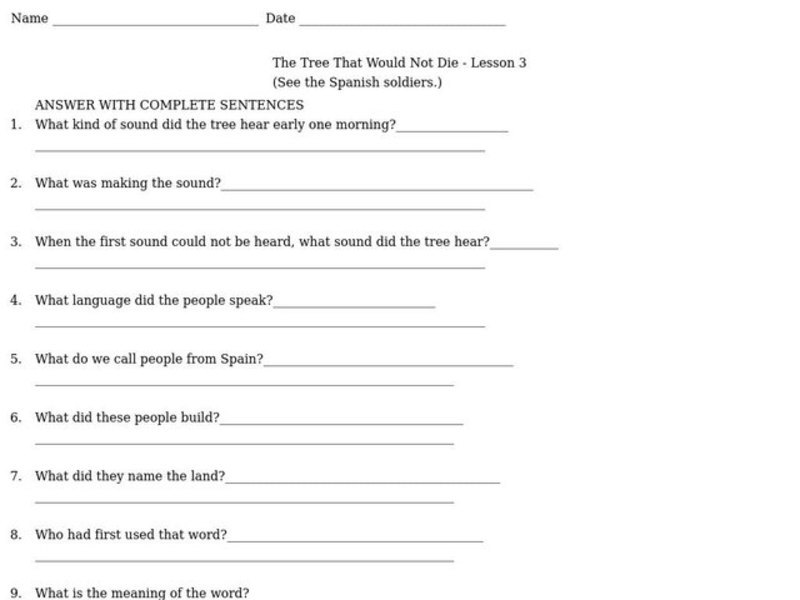 The Tree that Would Not Die Lesson 3 Worksheet