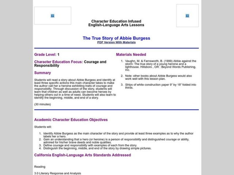The True Story of Abbie Burgess Lesson Plan