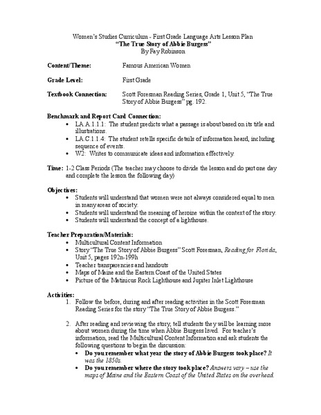 The True Story of Abbie Burgess Lesson Plan