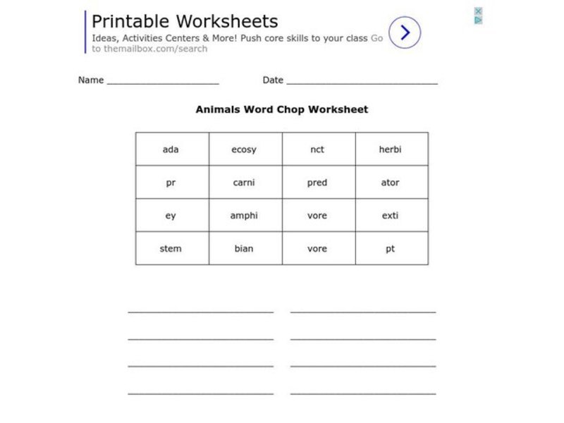 Animals Word Chop Worksheet Worksheet