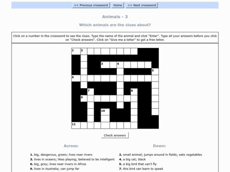 Animals Crossword Interactive