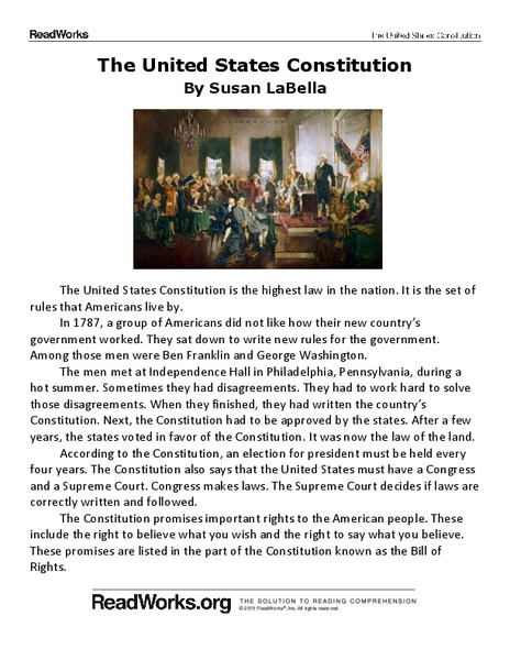 The United States Constitution Worksheet