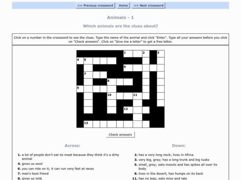 Animals Crossword Worksheet