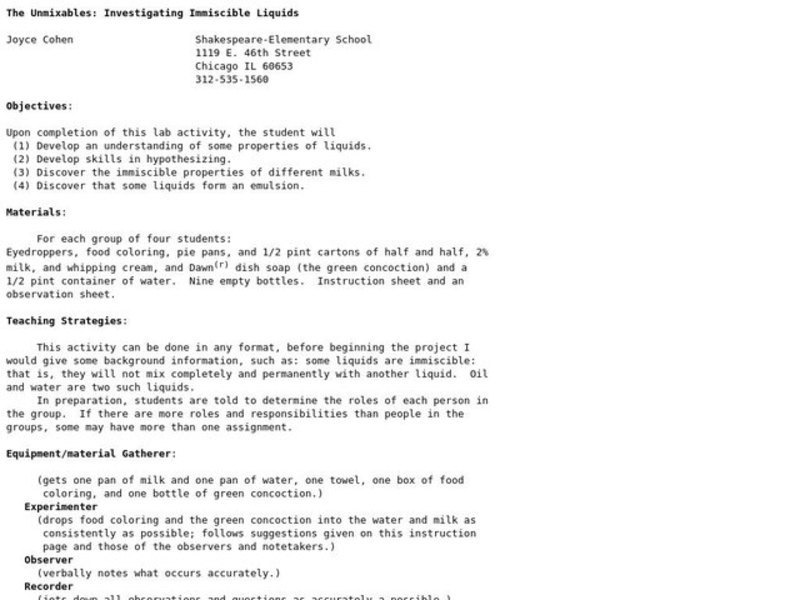 The Unmixables: Investigating Immiscible Liquids Lesson Plan