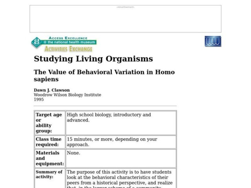 The Value of Behavioral Variation in Homo sapiens Lesson Plan