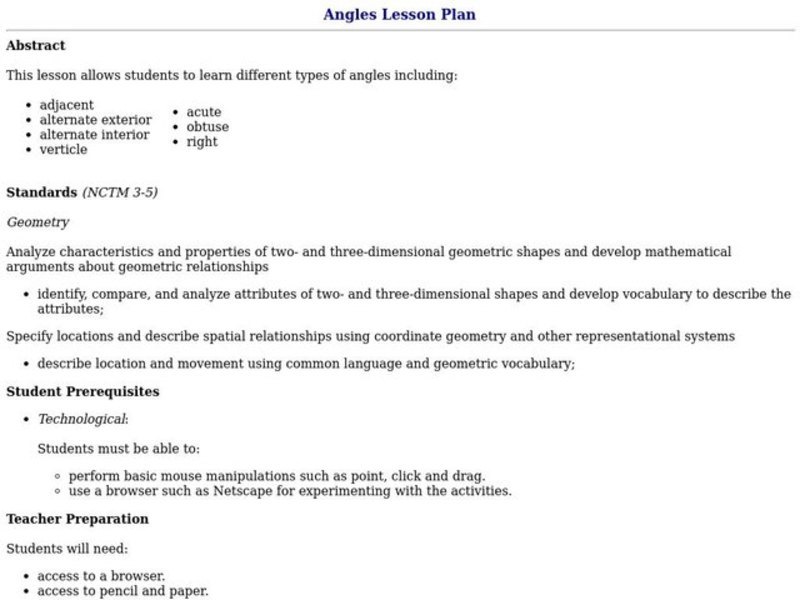 Angles Lesson Plan Lesson Plan