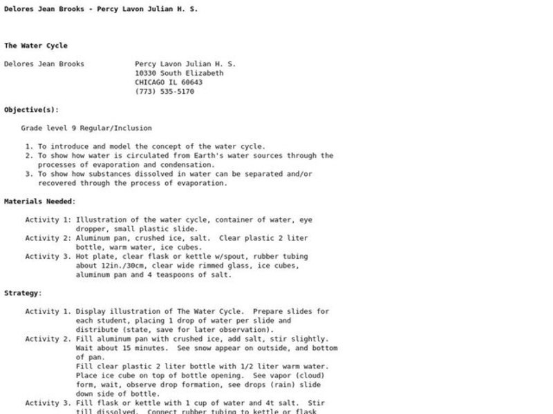 The Water Cycle Lesson Plan