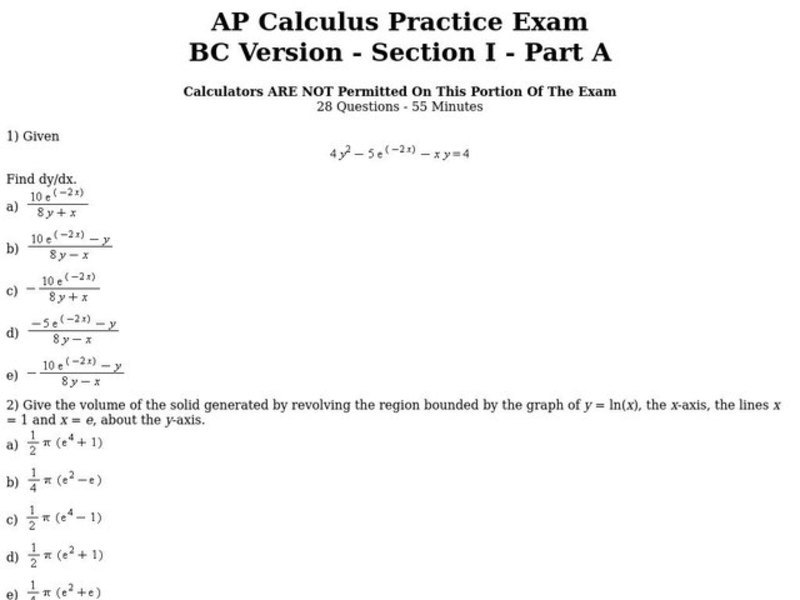 AP Calculus Practice Exam Worksheet