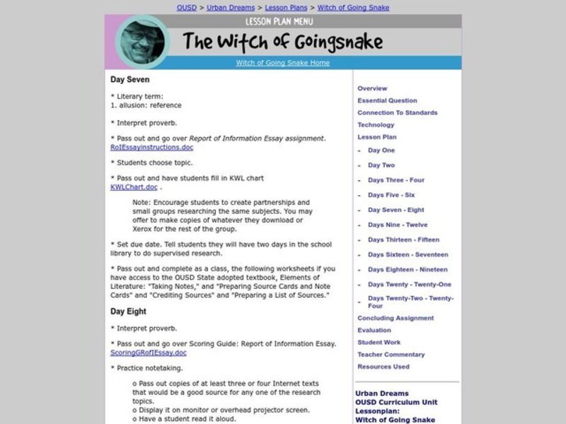 The Witch of Goingsnake Lesson Plan