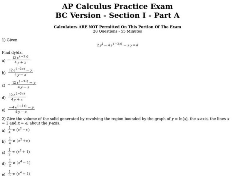 AP Calculus Practice Exam Worksheet