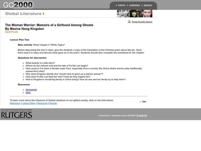 The Woman Warrior: Memoirs of a Girlhood Among Ghosts Lesson Plan