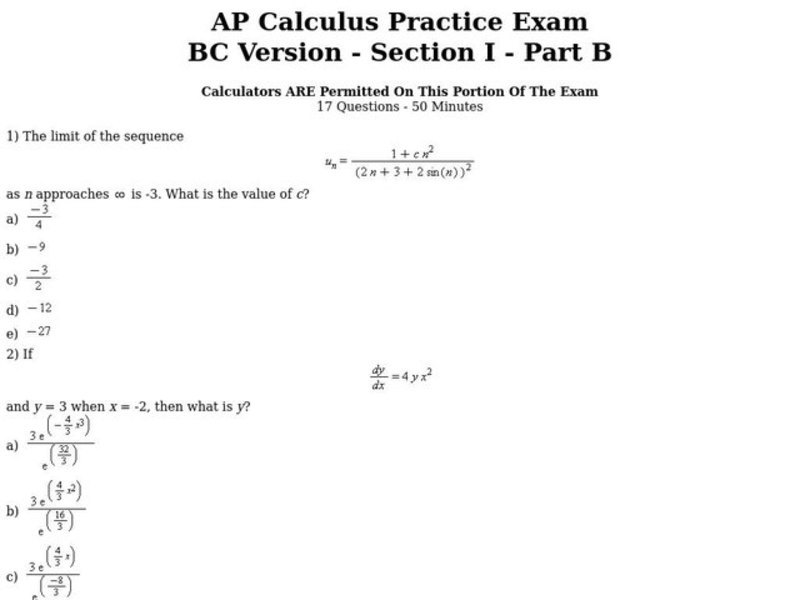 AP Calculus Practice Exam Worksheet