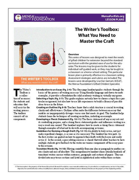 The Writer’s Toolbox: What You Need to Master the Craft Lesson Plan