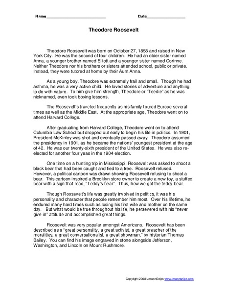 Theodore Roosevelt Worksheet