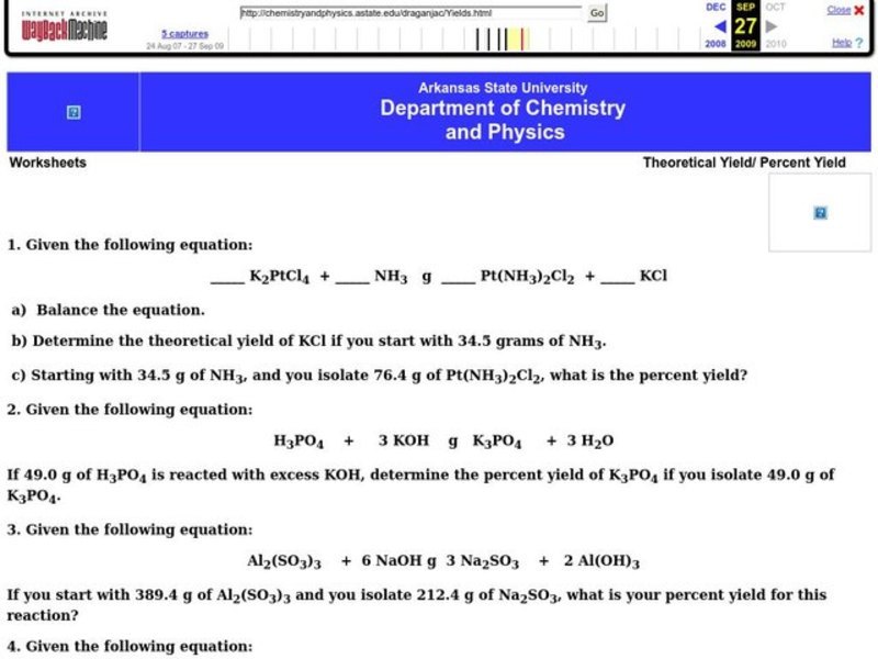 Theoretical Yield and Percent Yield Worksheet