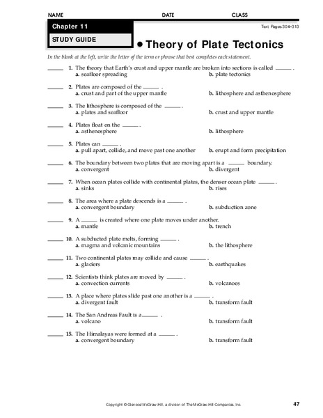 Theory of Plate Tectonics Worksheet