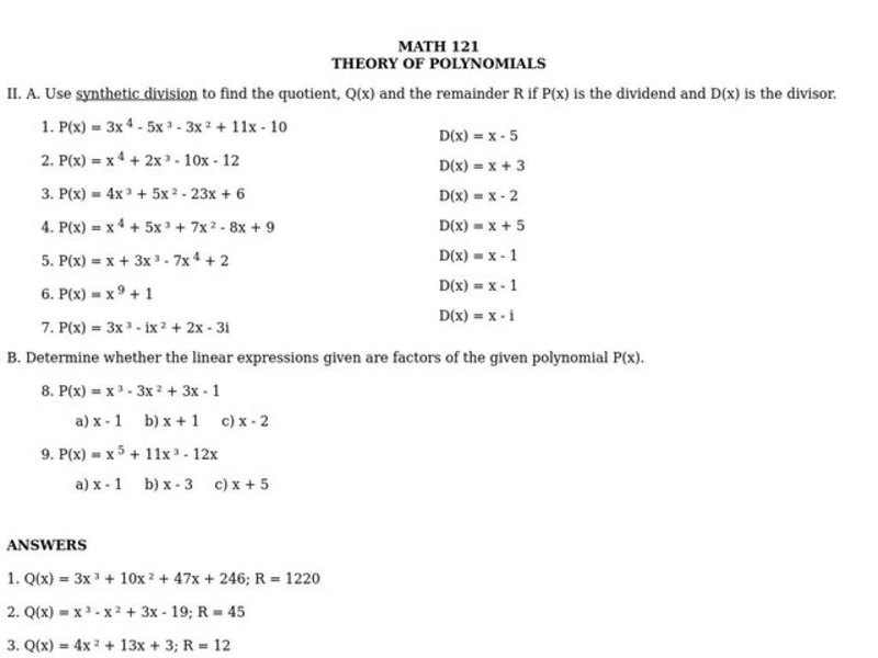 Theory of Polynomials Worksheet