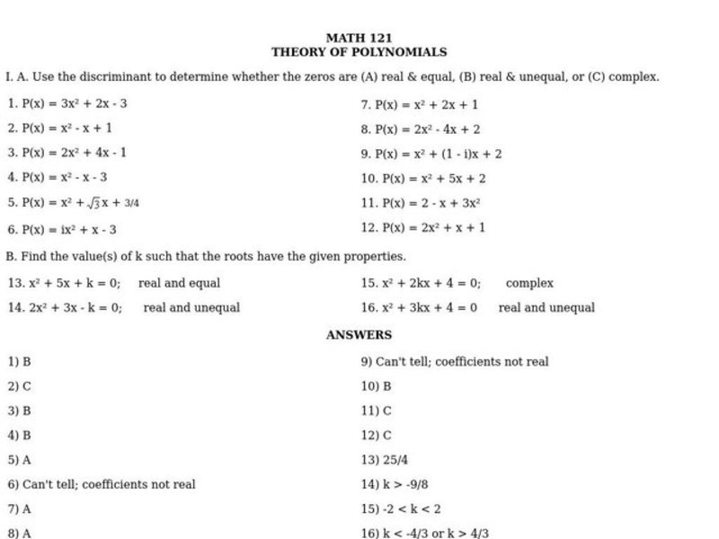Theory of Polynomials Worksheet