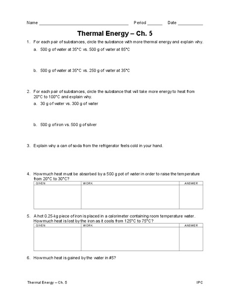 Thermal Energy Worksheet