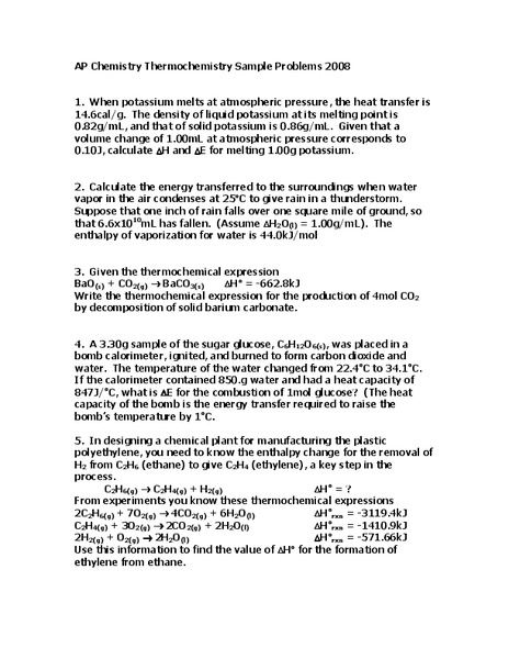 Thermochemistry Worksheet